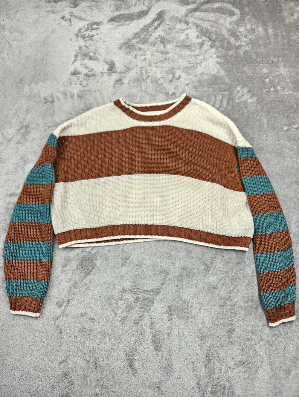 American Eagle Cropped Striped Sweater Cream Brown Teal Ribbed Knit Size M